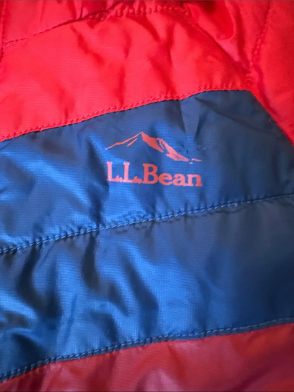 L.L. Bean Red Quilted Hooded Jacket with Navy and Burgundy Stripes